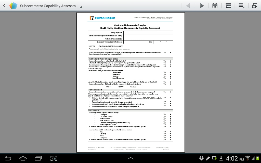 Contractor / Subcontractor / Supplier Health, Safety, Quality and Environmental Capability Assessment - Action Civil Ltd