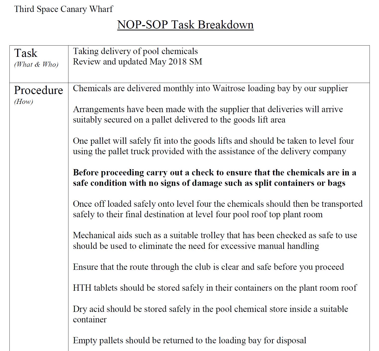 SOP Pool Chemicals Delivery Canary Wharf SafetyCulture