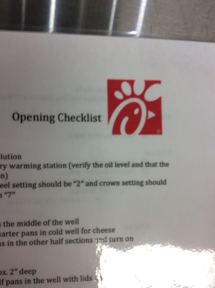 BOH Opening Primary/Secondary Checklists