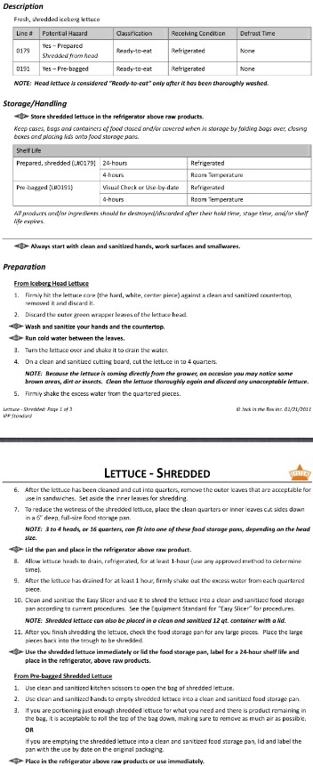 Shredded Lettuce Procedure