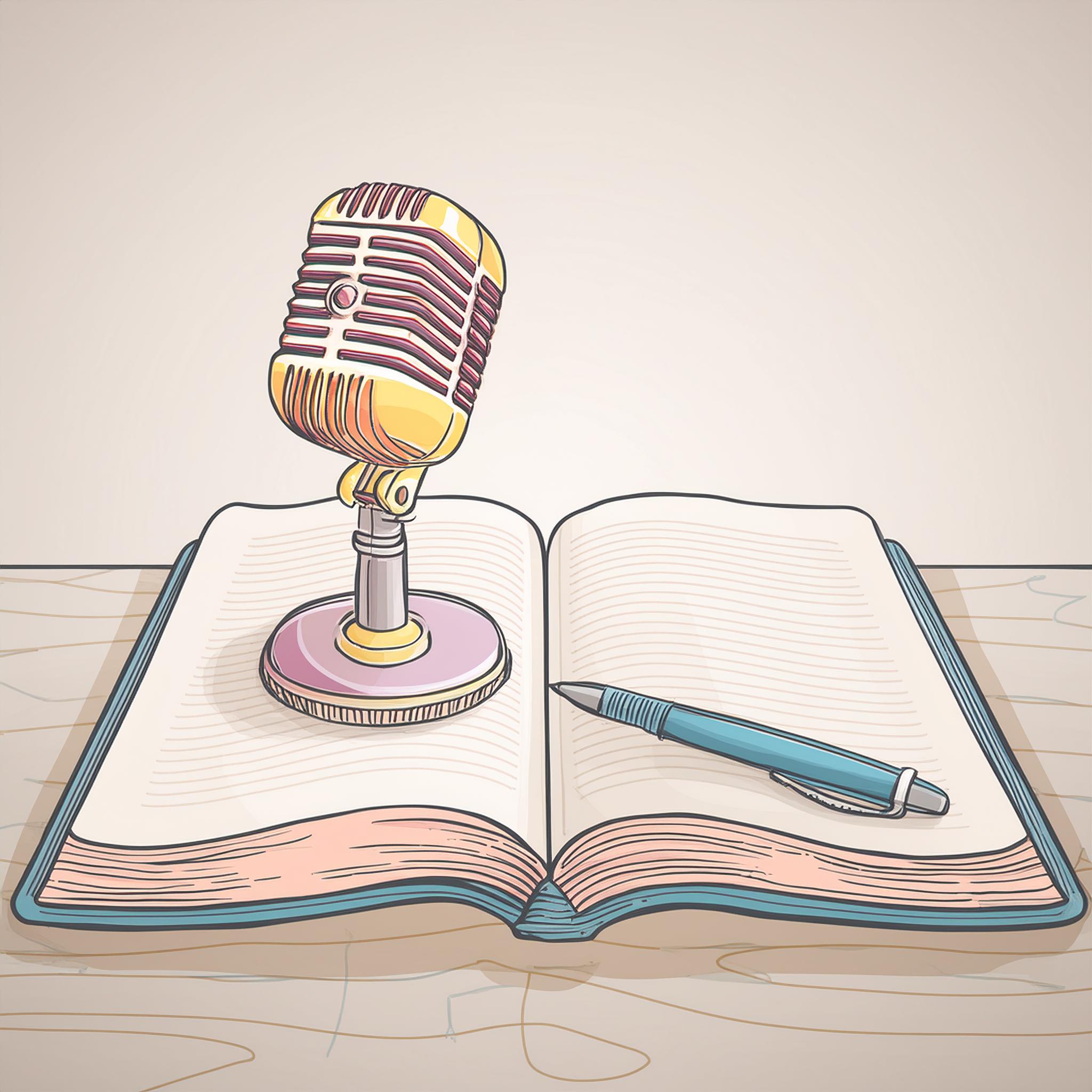 Firefly vintage microphone and a pen laying in an open book on a table 67925.jpg