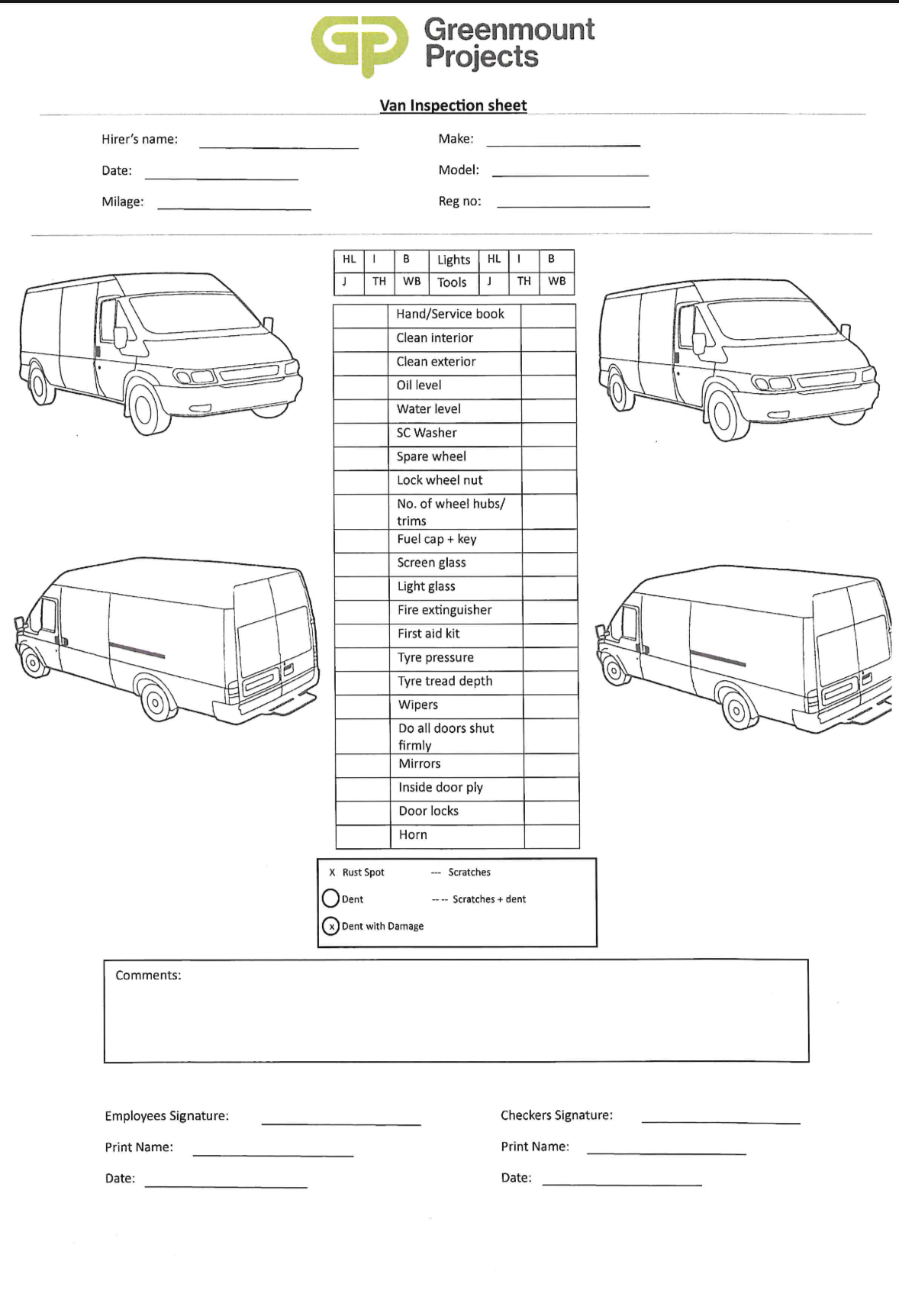 Van inspection sheet